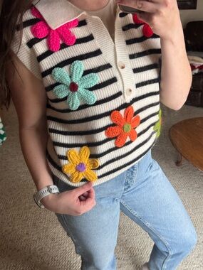BiBi White & Black Striped Sleeveless Polo Tank with Multicolor Crochet Flowers